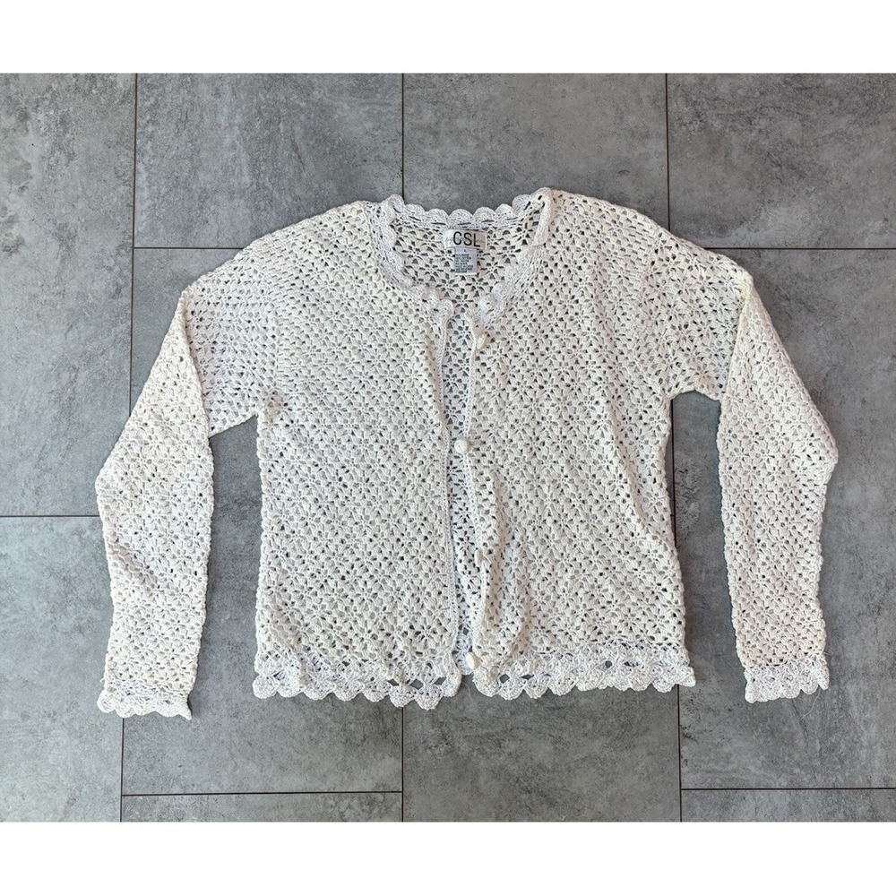 Vintage Women's Size Large Cream Crochet Knit Cardigan Sweater Boho Cottagecore